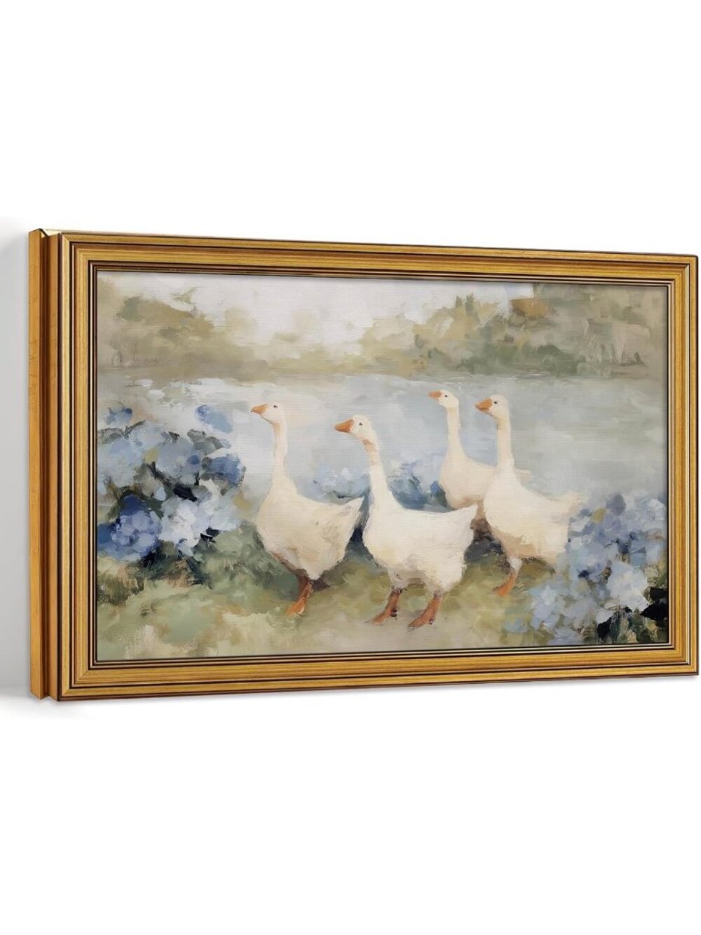 Charming Vintage Gold Framed Wall Art - Country Geese & Blue Hydrangeas Decor